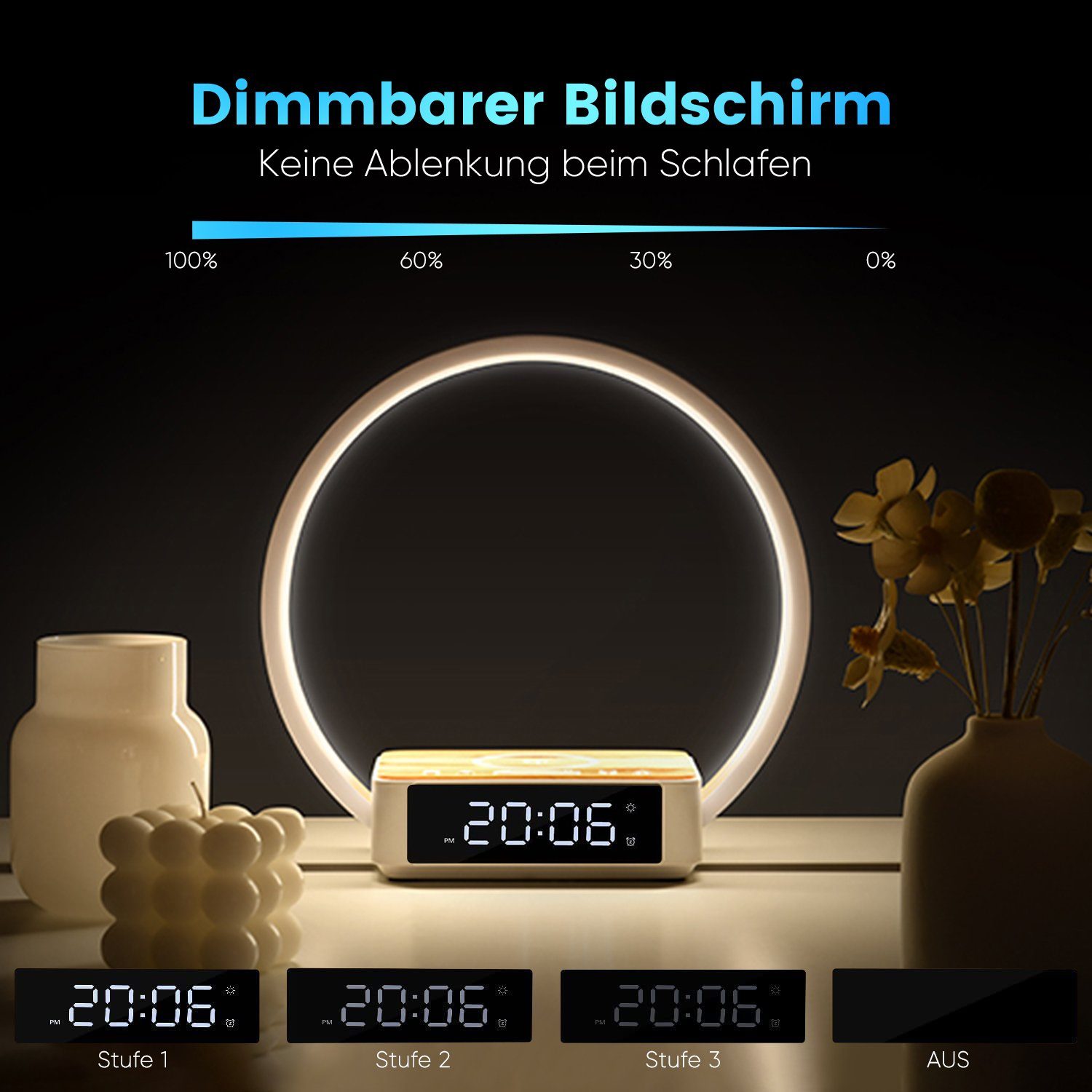 WILIT LED Tischleuchte Tischlampe Schlafzimmer Lampe Nachttisch mit Ladefunktion Kabellos, 10W kabelloses Ladegerät, LED fest integriert, Neutralweiß, Aufwachlicht, Wecker, Zeitanzeige und 3 Helligkeitsstufen dimmbar