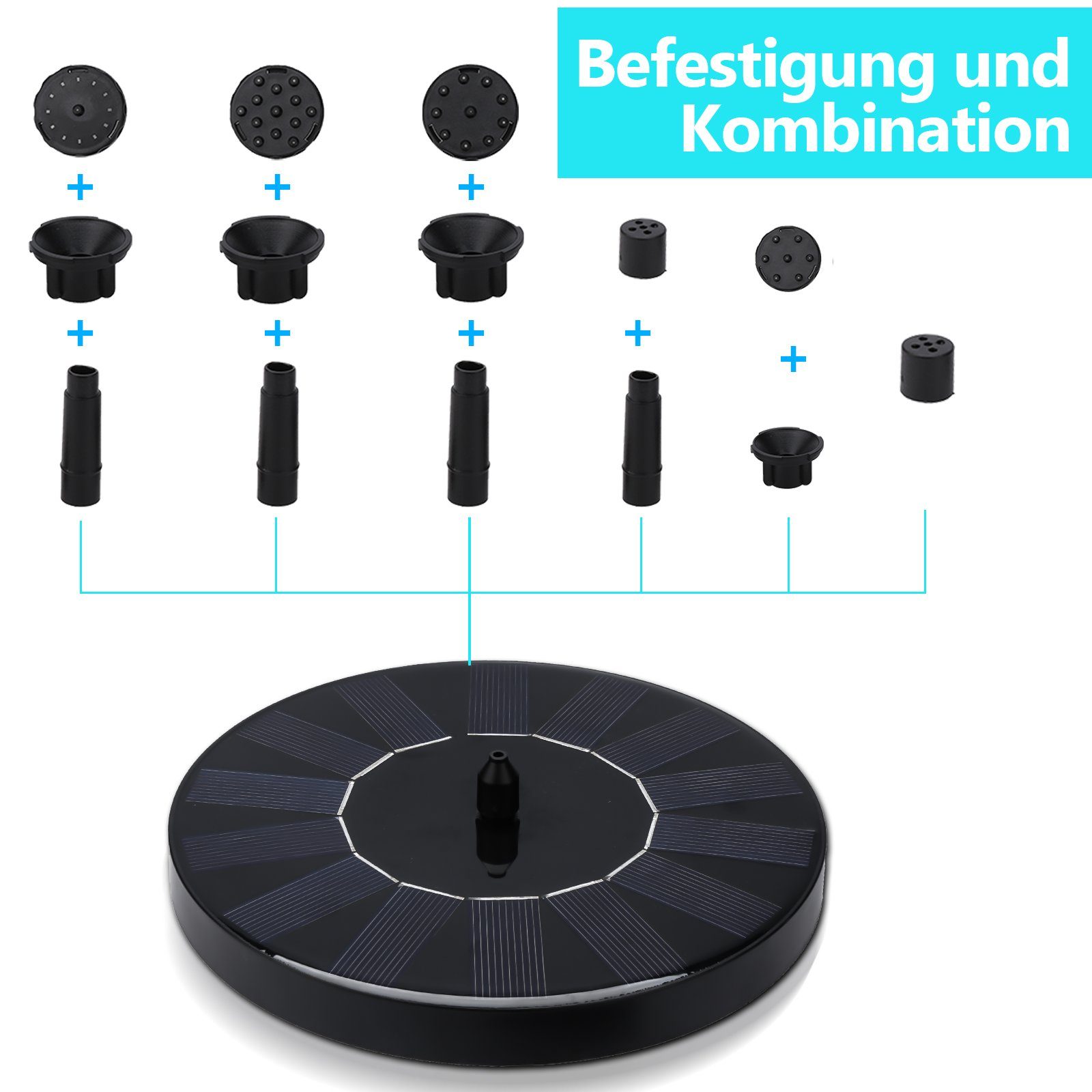 Clanmacy Gartenbrunnen SolarPumpe Solarbrunnen,Schwimmende Solarbrunnenpumpe mit 6 Brunnenstilen für den Garten, Solarwasserpumpe, Pumpe für Gartenteiche oder Vogeltränke 1.5W