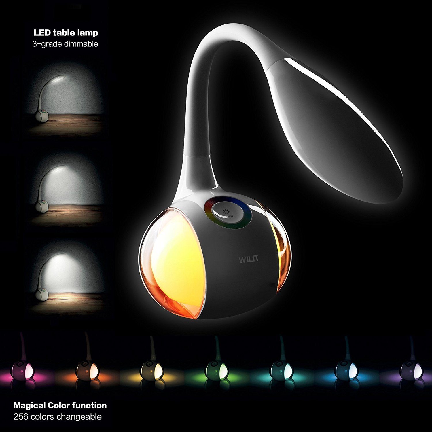 WILIT LED Tischleuchte 5W LED Schreibtischlampe Kinder Nachttischlampe Touch Dimmbar, LED fest integriert, Neutralweiß, Stufenlos Einstellbares Farblicht und 3 Helligkeitsstufen