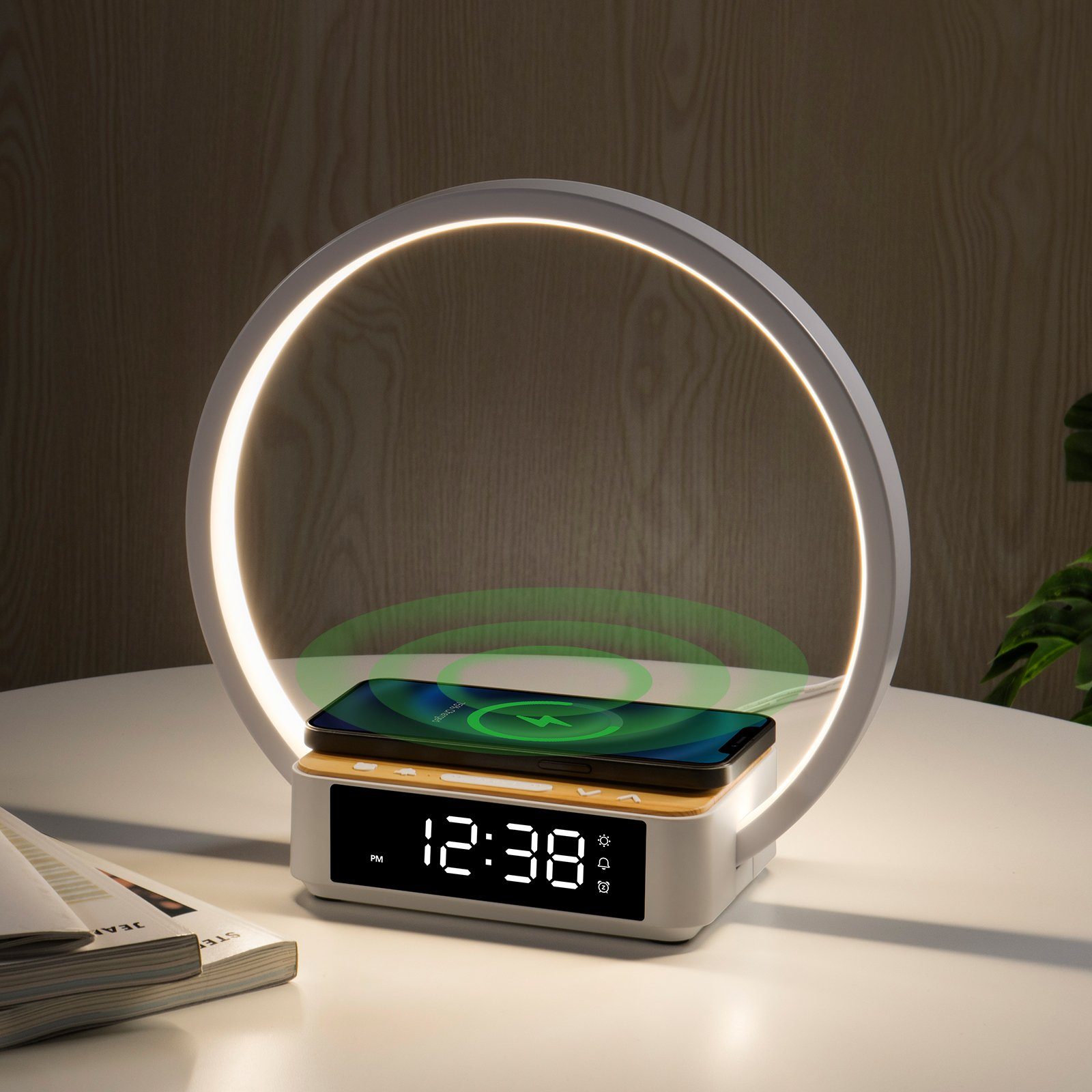 WILIT LED Tischleuchte Tischlampe Schlafzimmer Lampe Nachttisch mit Ladefunktion Kabellos, 10W kabelloses Ladegerät, LED fest integriert, Neutralweiß, Aufwachlicht, Wecker, Zeitanzeige und 3 Helligkeitsstufen dimmbar