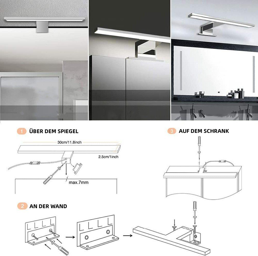 LETGOSPT Wandleuchte LED Spiegelleuchte, 30cm 60cm LED Spiegellampe, LED fest integriert, Kaltweiß, Aufbauleuchte + Klemmleuchte, Aluminium, Schminklicht, Schrank-Beleuchtung 230V 650 IP44