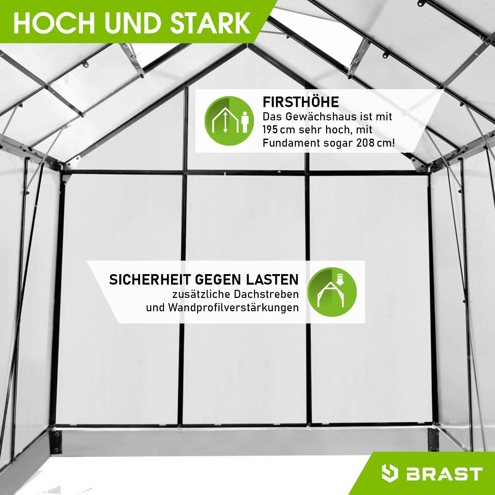 BRAST Gewächshaus ALU mit Fundament rostfrei 190x190x195cm TÜV geprüft, wetterfestes hochwertiges Aluminium