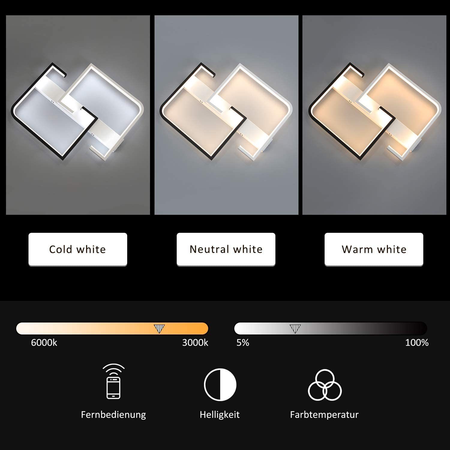 ZMH LED Deckenleuchte Deckenlampe dimmbar mit Fernbedienung für Schlafzimmer Flur, Hochwertige Lampenperlen, LED fest integriert, 3000-6500k